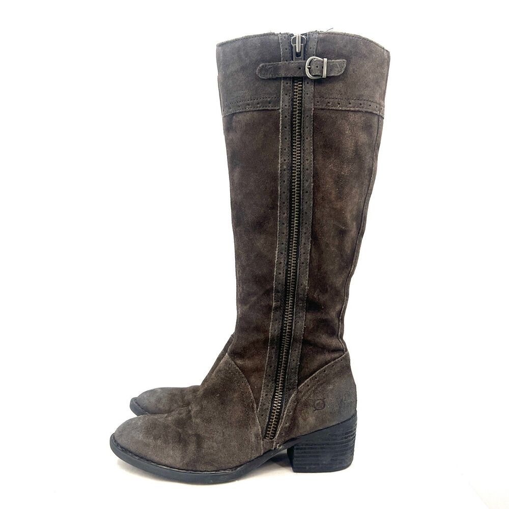 Born Womens 9 M Brown Suede Tall Knee High Riding Boots Side Zip Block Heel